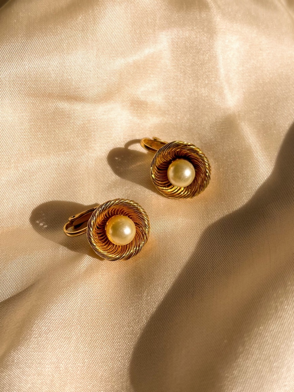 Vintage 1980s Textured Gold-Tone Earrings With Large Pearls